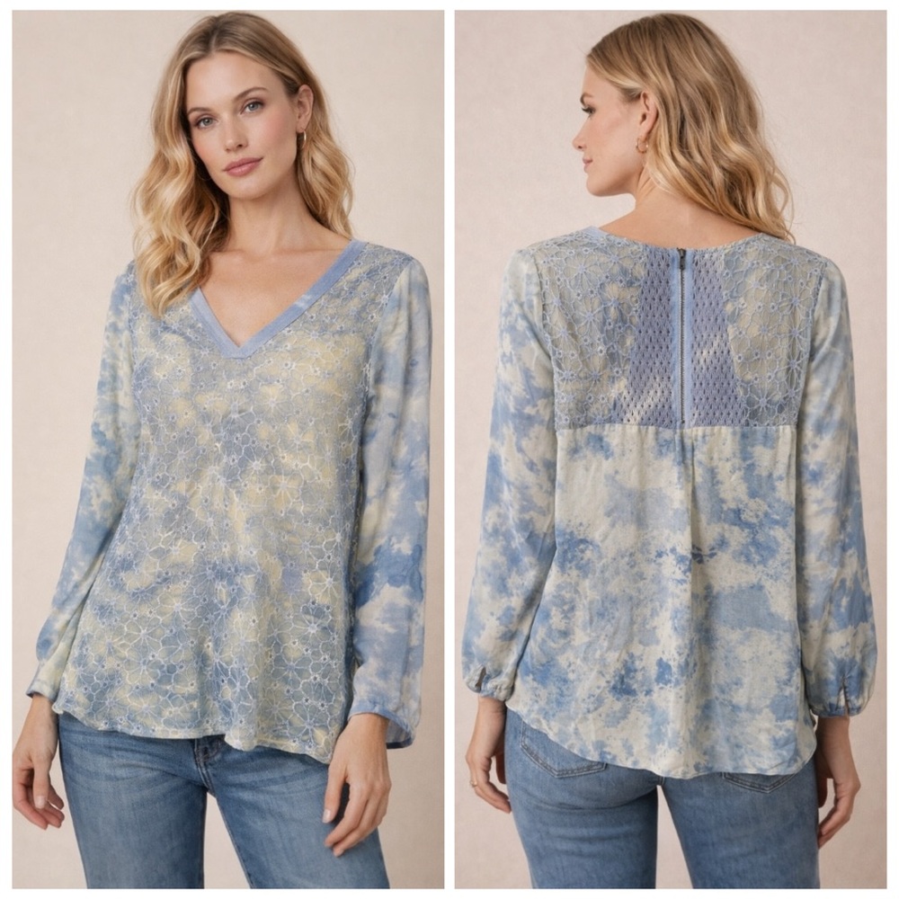 NWT Aratta Silent Journey Lace Tie Dye Blouse Blue Yellow Boho Small